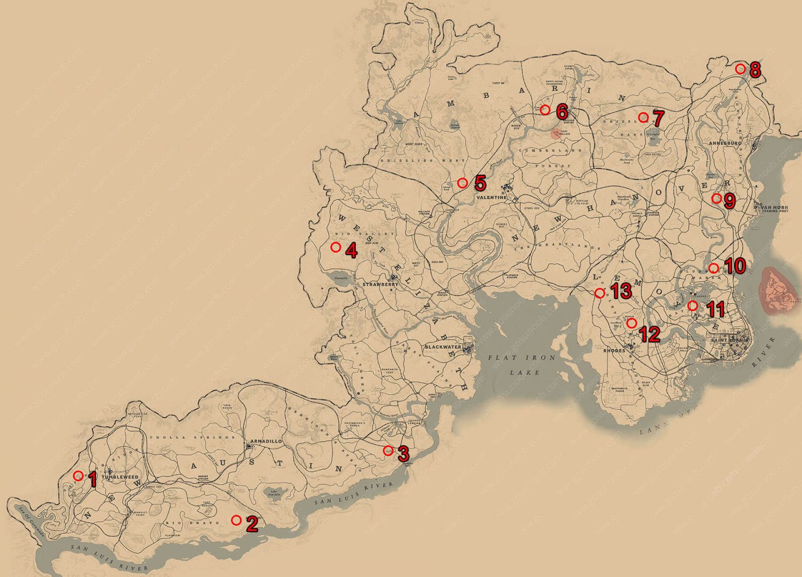 Карта легендарных животных в Red Dead Redemption 2