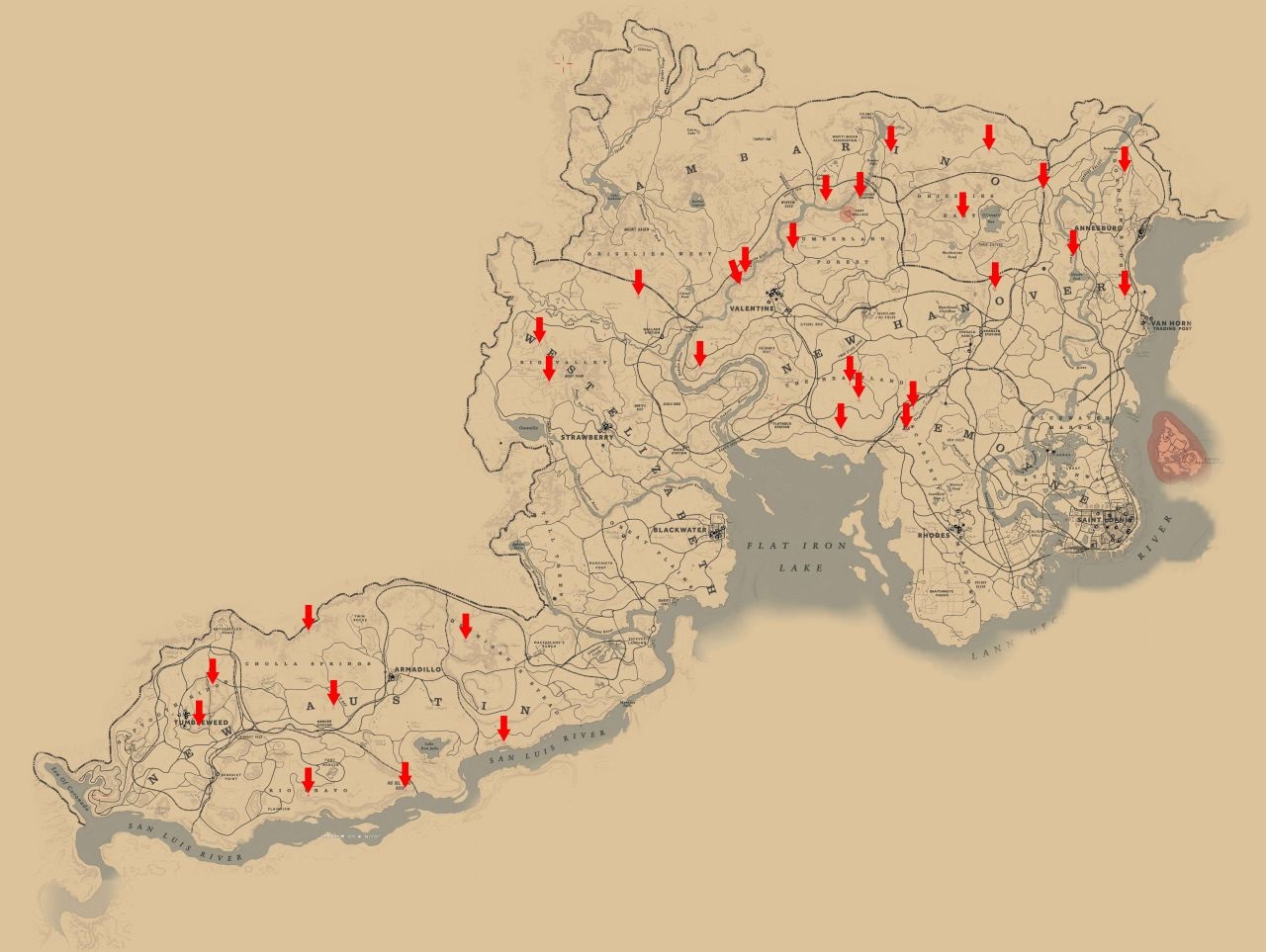 Карта с отмеченным на них точным местонахождением костей динозавров в Red Dead Redemption 2